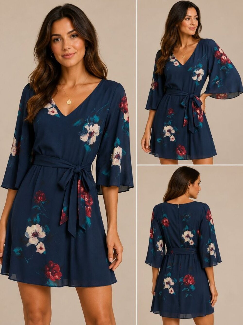 White House Black Market Floral Tie Waist Flutter Sleeve Dress Women’s Navy SZ 6